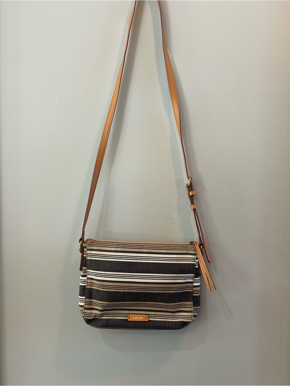 Fossil Striped Canvas Crossbody Bag Brown Leather Trim Adjustable Strap